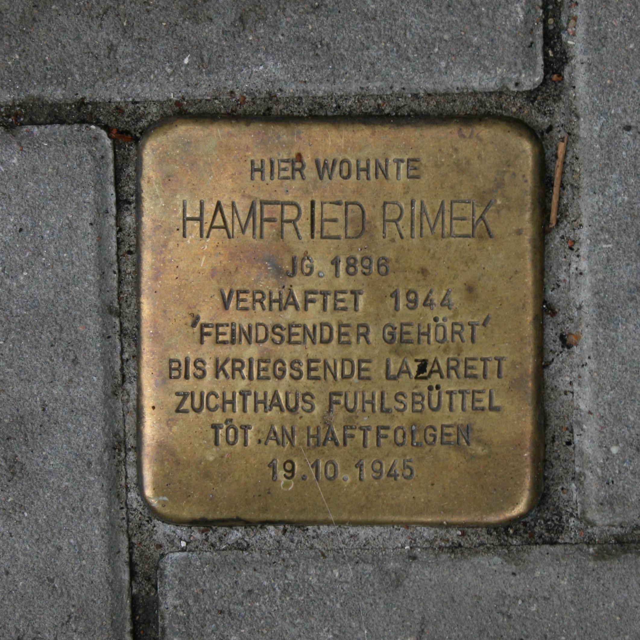 Stolperstein dedicated to Hamfried Rimek